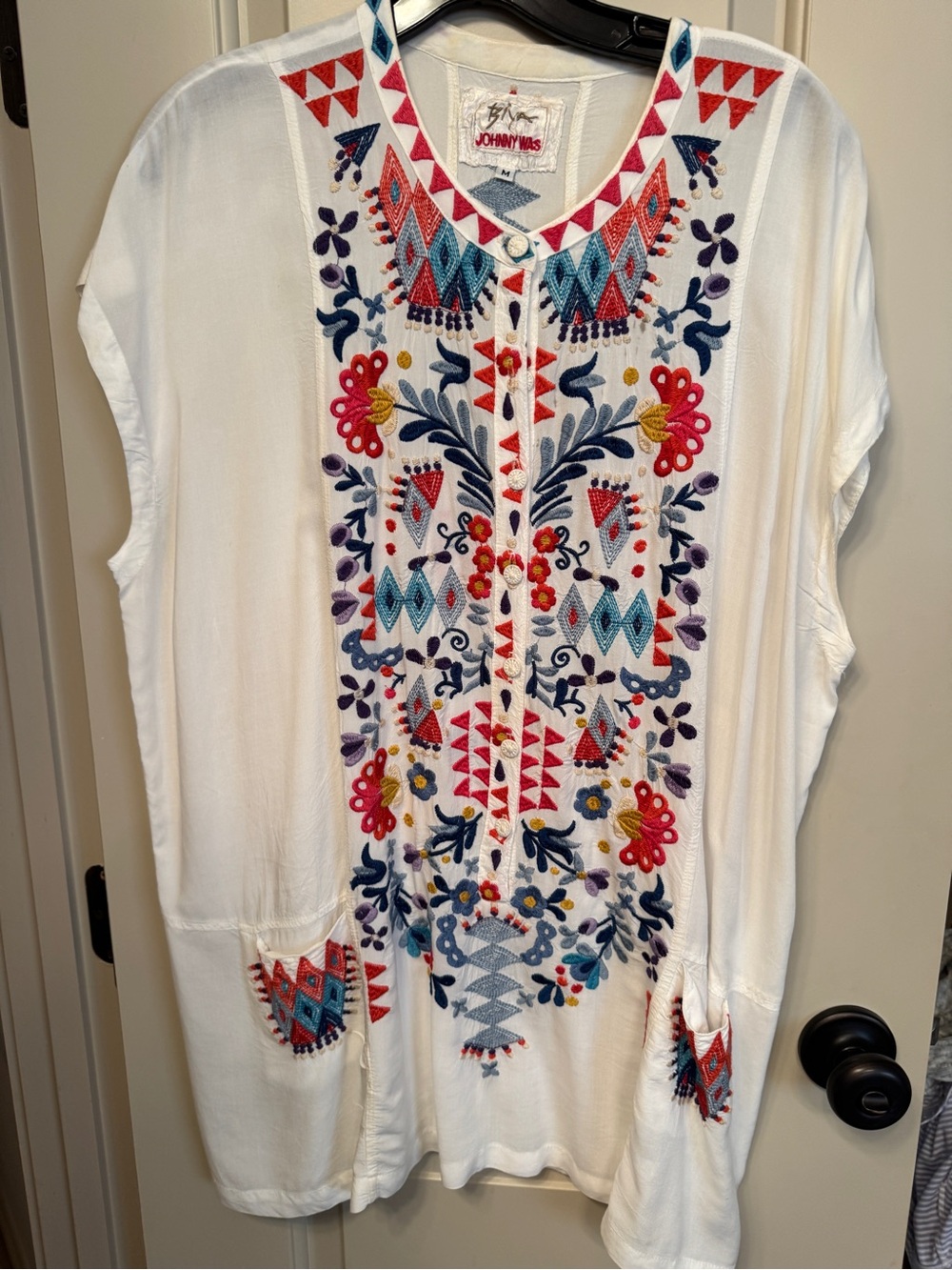 Johnny Was White Embroidered Boho Split-Neck Tunic with Multicolor Floral Motif